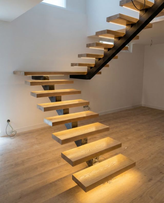 Vista detallada de una escalera de madera con luces led integradas bajo los peldaños de roble, proporcionando una iluminación ambiental cálida y moderna que resalta la textura de la madera en un espacio de diseño minimalista.